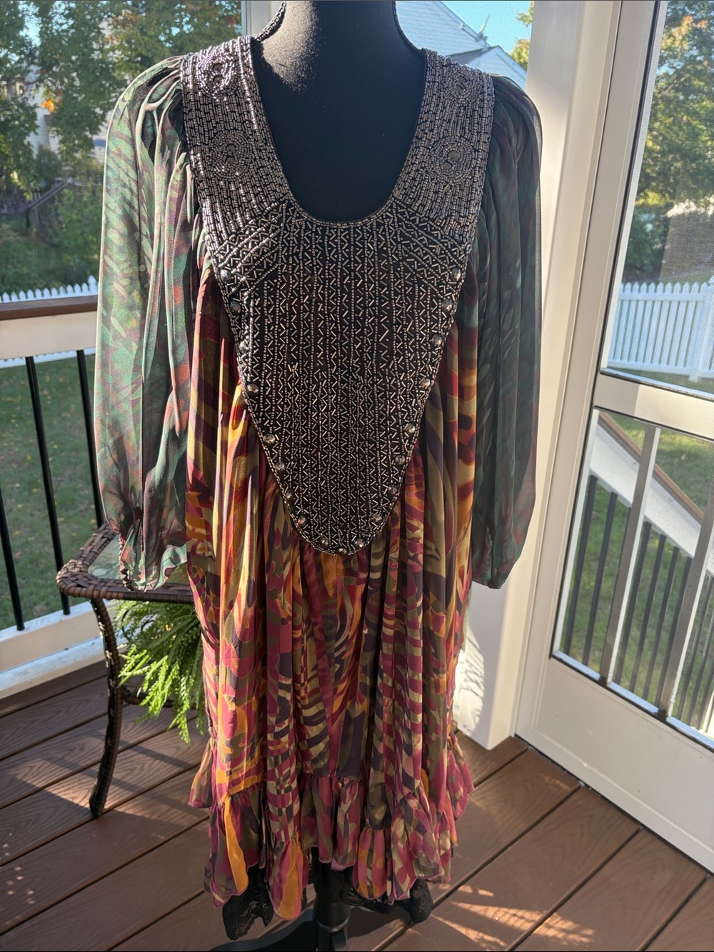 Bohemian Mixed-Print Sheer Sleeve Dress in Multicolor
